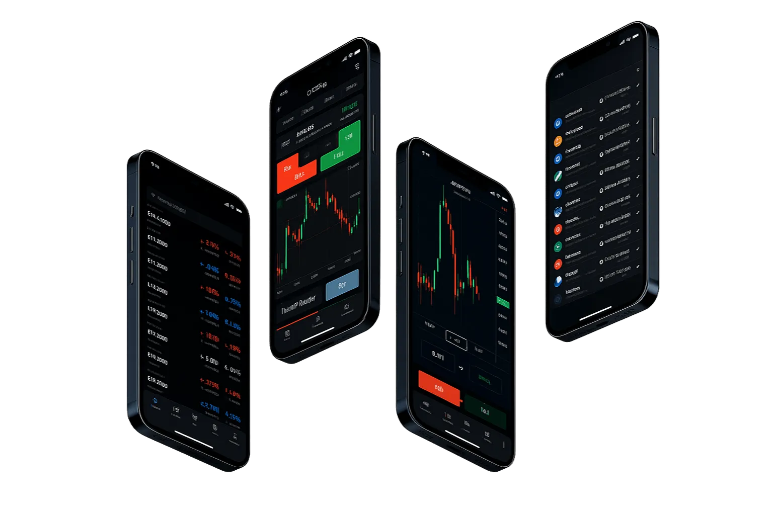 อินเทอร์เฟซการเทรดบนมือถือของ Pepperstone แสดงบนสมาร์ทโฟน 4 เครื่อง พร้อมกราฟและข้อมูลตลาดบนพื้นหลังโทนเข้ม